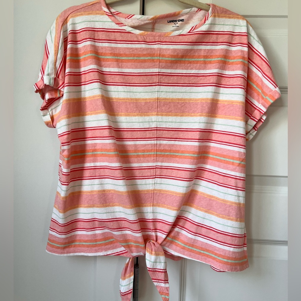 Lands’ End Coral Multi-Stripe Tie Front Tee (Size XLP / 18P)